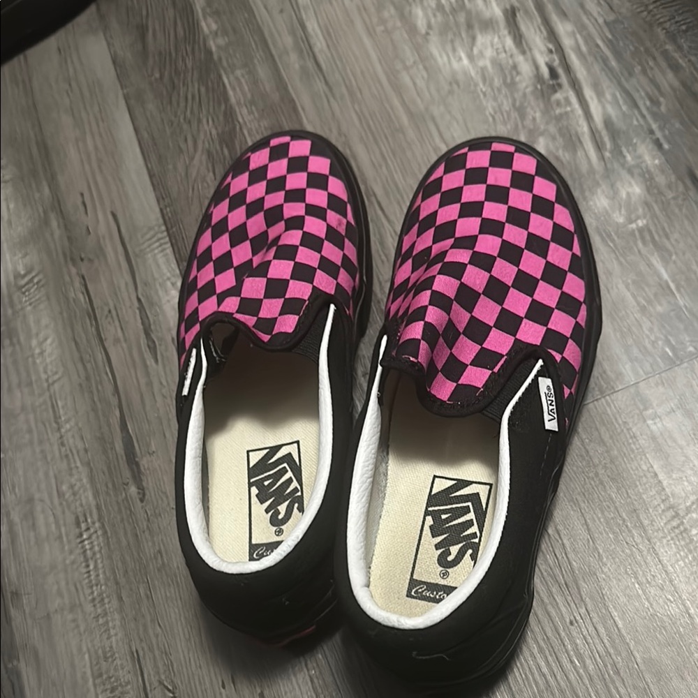 Vans Pink Checkered Slip-On Shoes customized